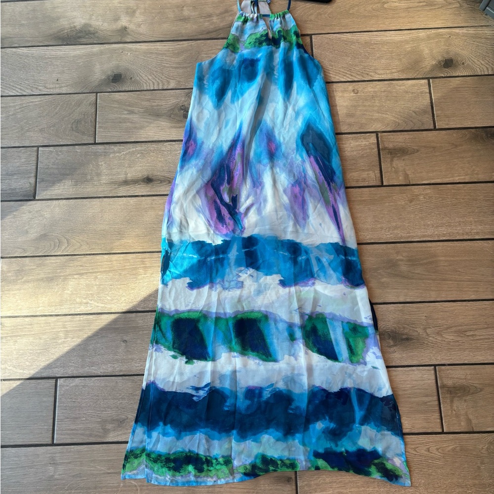 Aqua Blue Abstract Print Halter Chiffon Maxi Dress XS Boho Beach Wedding Guest - Picture 3 of 7